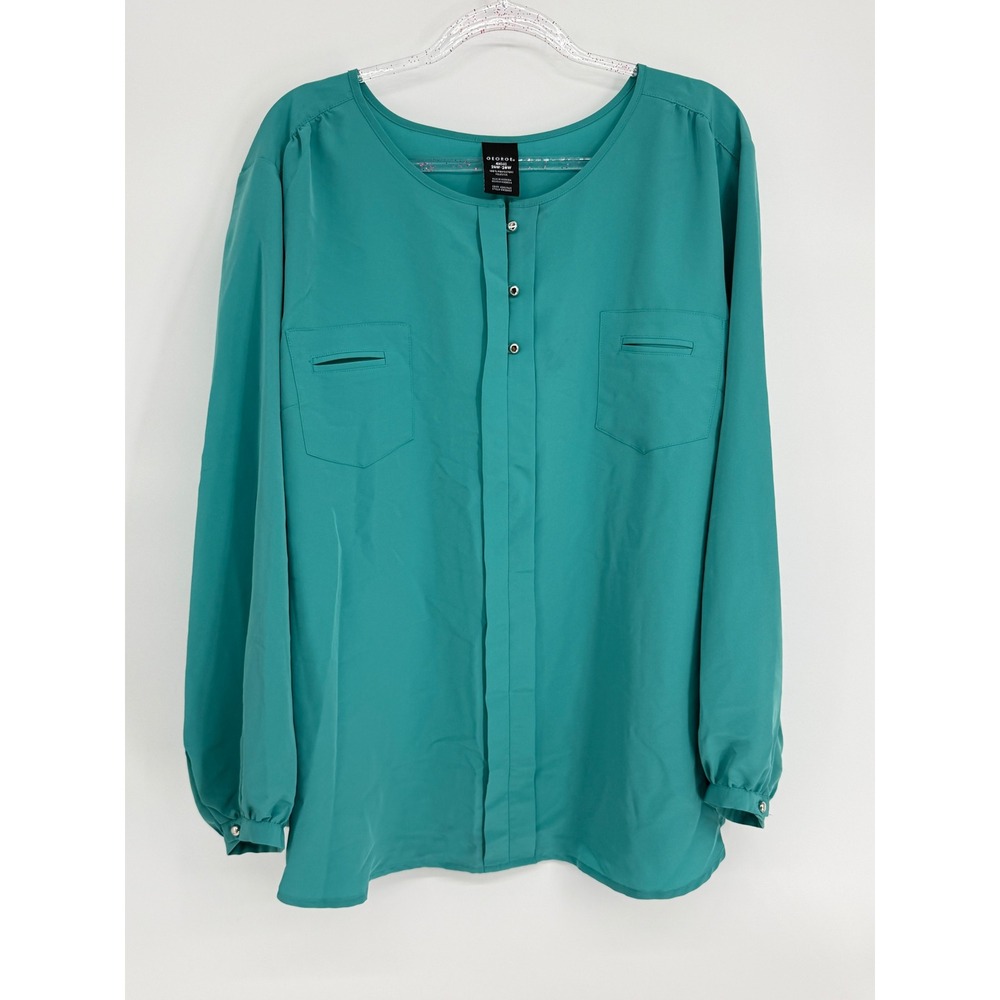 George Women Aqua Haze Teal Long Sleeve Button Front Blouse Plus 4X 26W-28W